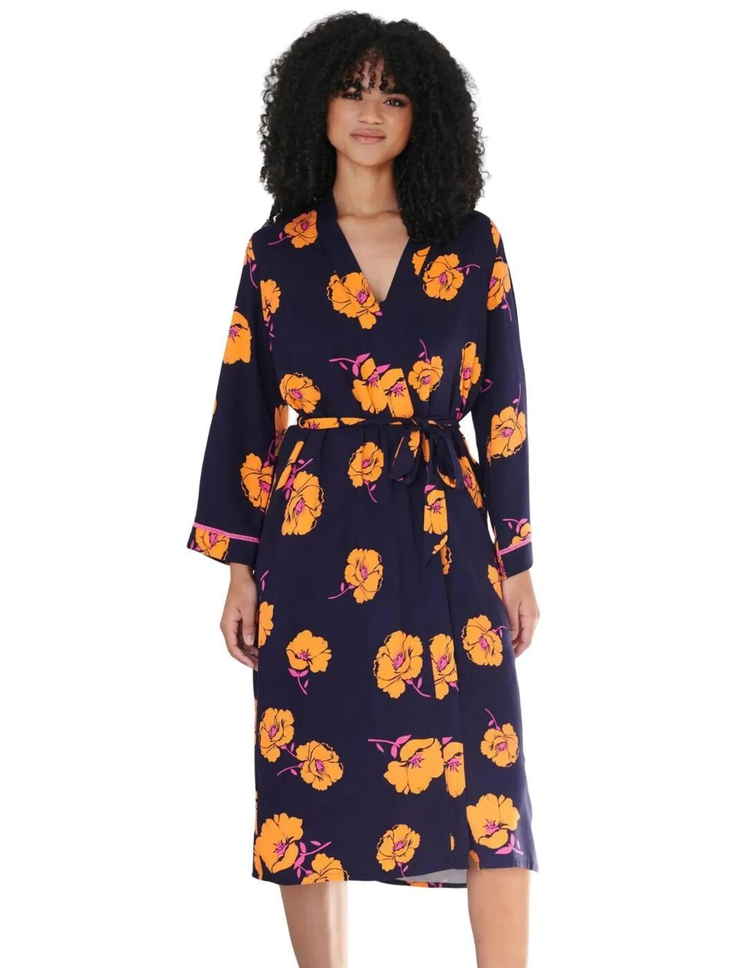 Pour Moi Luxe Woven Twill Longline Gown - Navy/Orange Floral 1 Pour Moi Luxe Woven Twill Longline Gown - Navy/Orange Floral