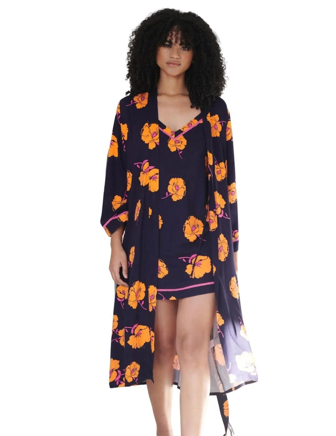Pour Moi Luxe Woven Twill Longline Gown - Navy/Orange Floral 2 Pour Moi Luxe Woven Twill Longline Gown - Navy/Orange Floral - Image 2