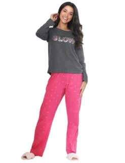 Pour Moi Get Up And Glow Pyjama Set - Charcoal/Raspberry