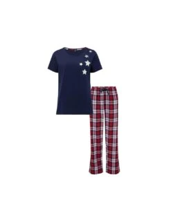 Pour Moi Cosy Check Trouser And Jersey T Shirt Pyjama Set - Navy/Red
