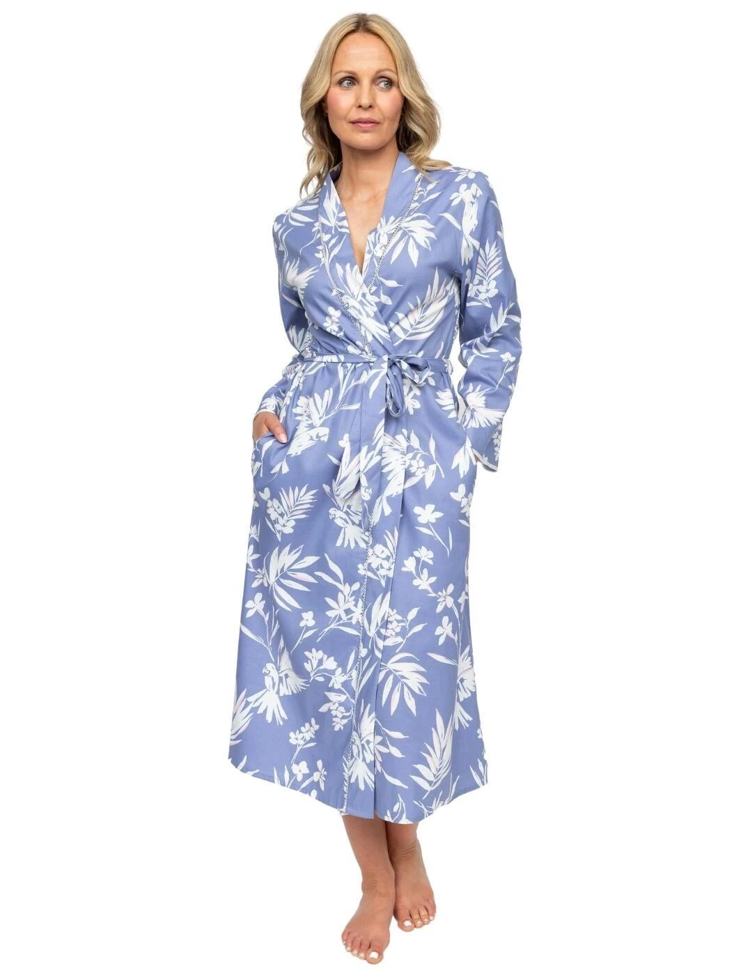 Cyberjammies Nora Rose Brooke Bird Print Long Dressing Gown - Cornflower Blue 2 Cyberjammies Nora Rose Brooke Bird Print Long Dressing Gown - Cornflower Blue - Image 2