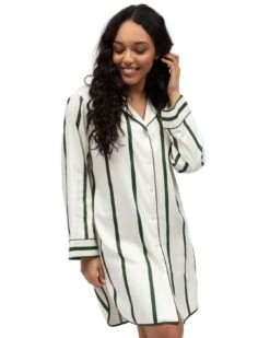 Cyberjammies Fable & Eve Maida Vale Woven Long Sleeve Printed Stripe Nightshirt - Olive Green Mix